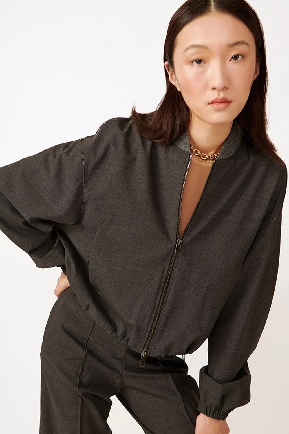 Wool Cropped Bomber with Knit Collar