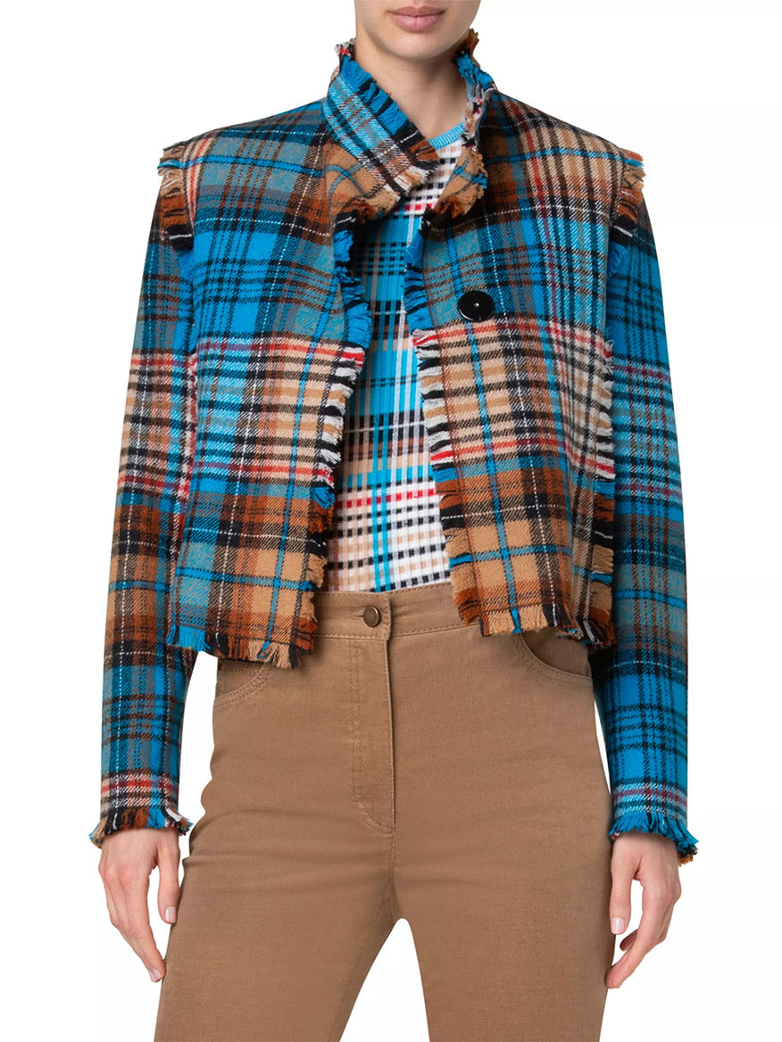 Image of Akris Punto Tartan Check Tweed Wool Jacket in Multi