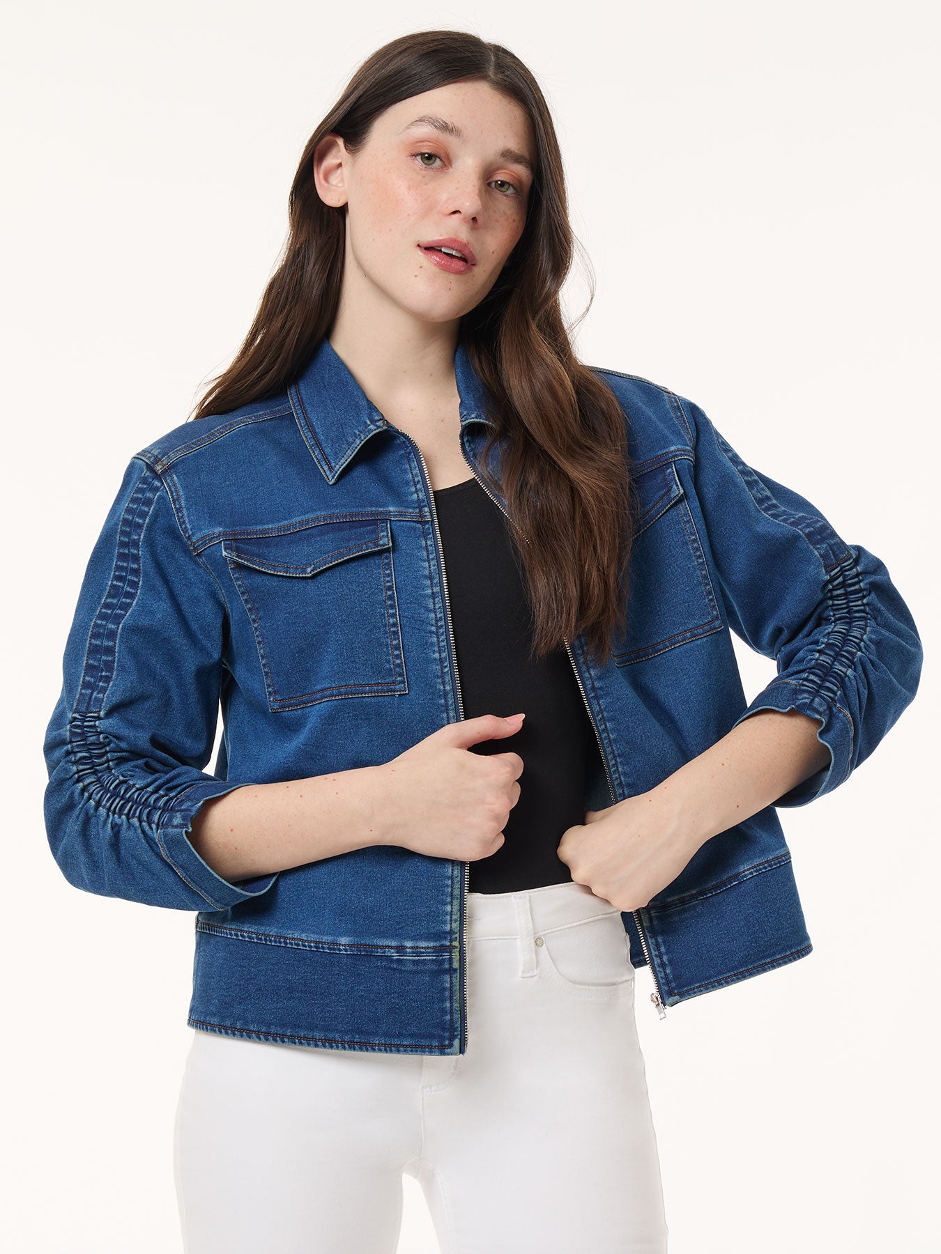 Image of Shirred Sleeve City Denim Jacket, Shore Wash