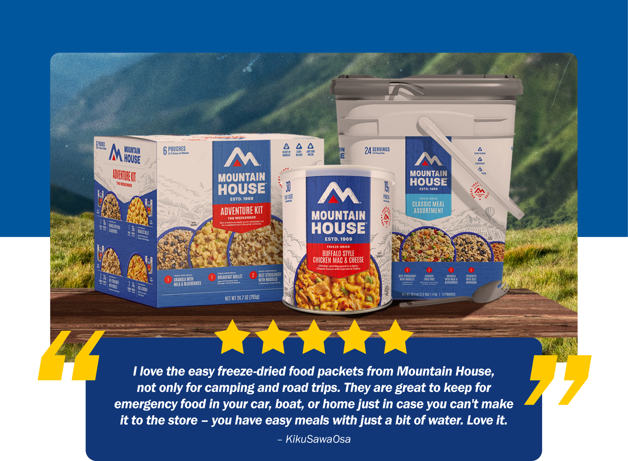 Image of Mountain House Products above a positive review