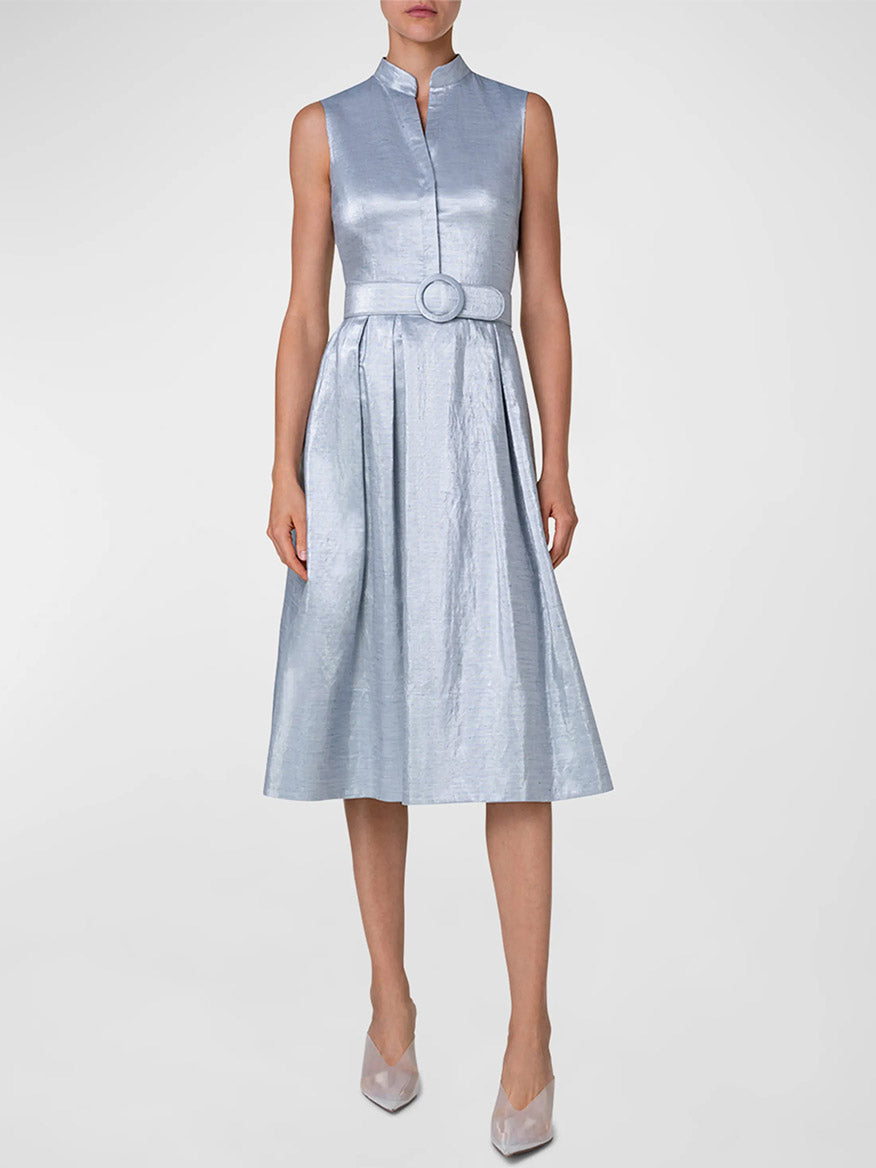 Image of Akris Punto Metallic Cotton Belted Midi Dress in Silver Blue