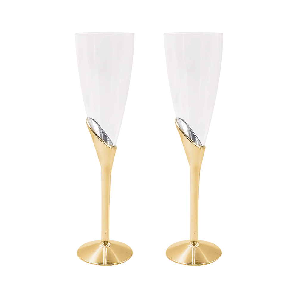 2 gold plastic champagne flutes