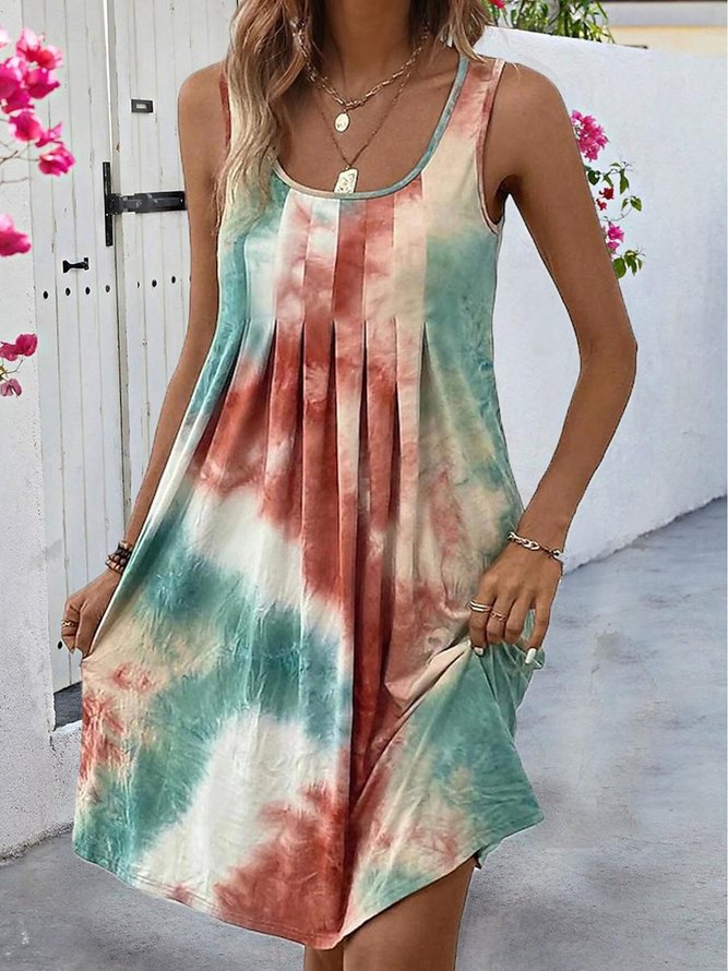 Women Tie Dye Crew Neck Sleeveless Comfy Casual Short Dress