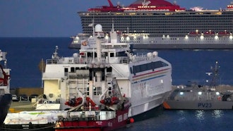 A ship belonging to the Open Arms aid group prepares to ferry some 200 tonnes of rice and flour to Gaza, Larnaca, Cyprus, March 11, 2024.