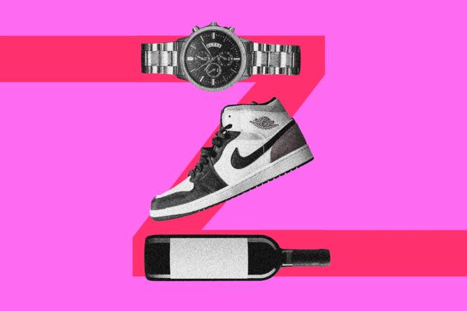 Watch, sneaker, and wine bottle in the shape of the letter Z.