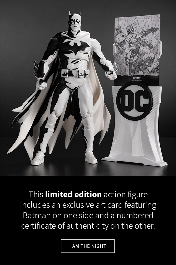 This limited edition action figure includes  an exclusive art card featuring Batman on one side and a numbered certificate of authenticity on the other.