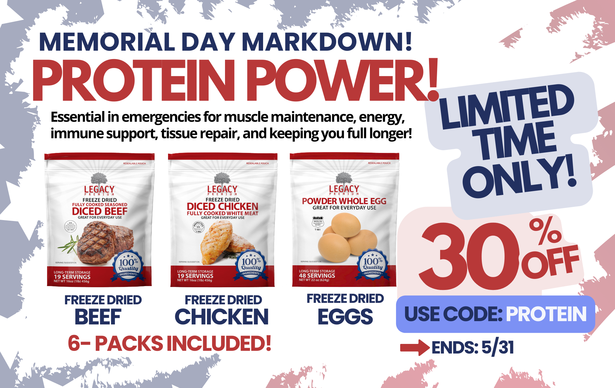 Memorial Day Markdown, picture of Freeze dried Beef, Chicken, and egg pouches from legacy premium food storage