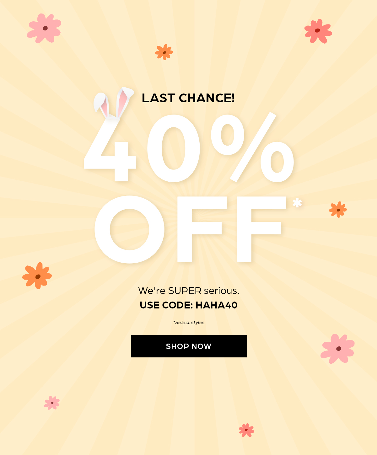 Last chance! 40%  OFF. Use code: HAHA40