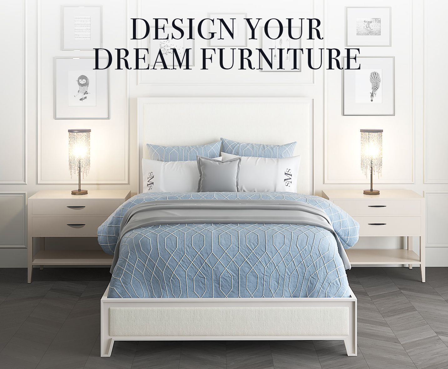 Design Your Dream Furniture! Featuring the Aven bed in a bright sofisticated room, The Aven bed is shown in Matte White Finish with Lyric Ivory Fabric.