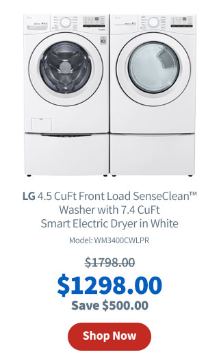 LG 4.5 CuFt Front Load SenseClean™ Washer with 7.4 CuFt Smart LoDecibel™ Quiet Operation Electric Dryer in White