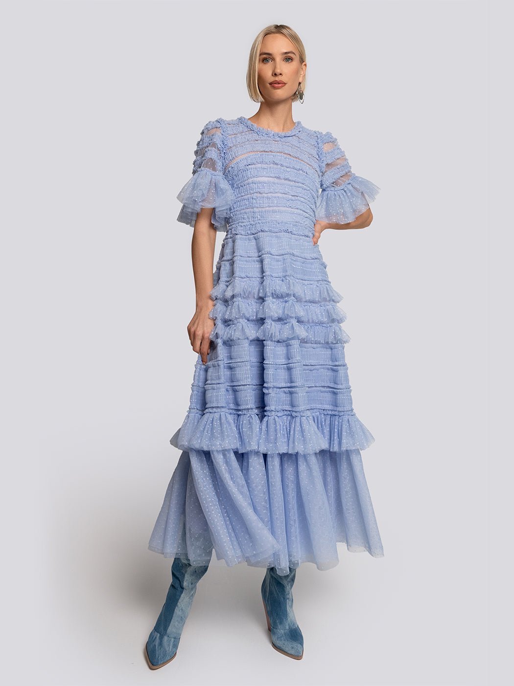 Harper Flutter Sleeve Tiered Midi Dress