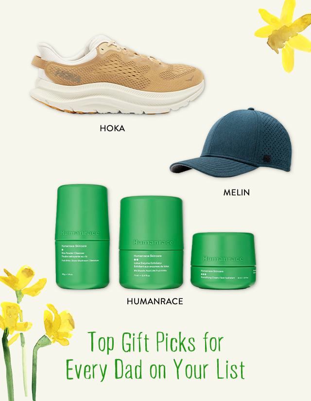 Top Gift Picks for Every Dad on Your List; a sneaker, a baseball cap and bottles of skin care.