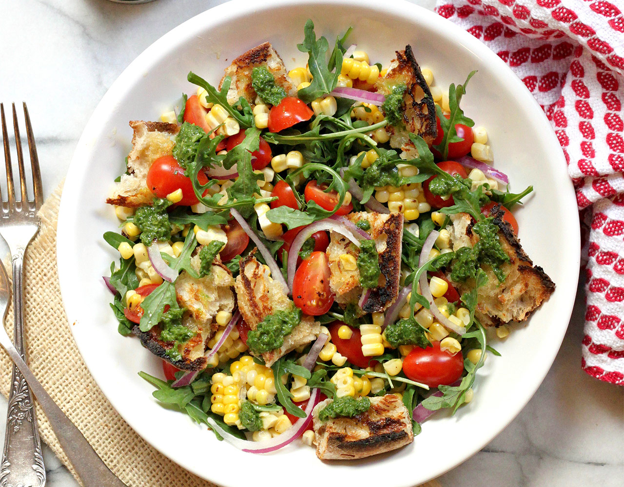 image of the Grilled Bread Salad with Charred Corn, Tomatoes, Red Onion, Basil Vinaigrette