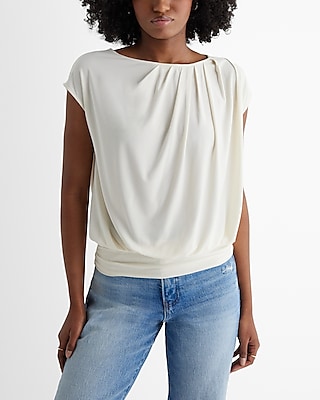 skimming draped crew neck pleated banded bottom top