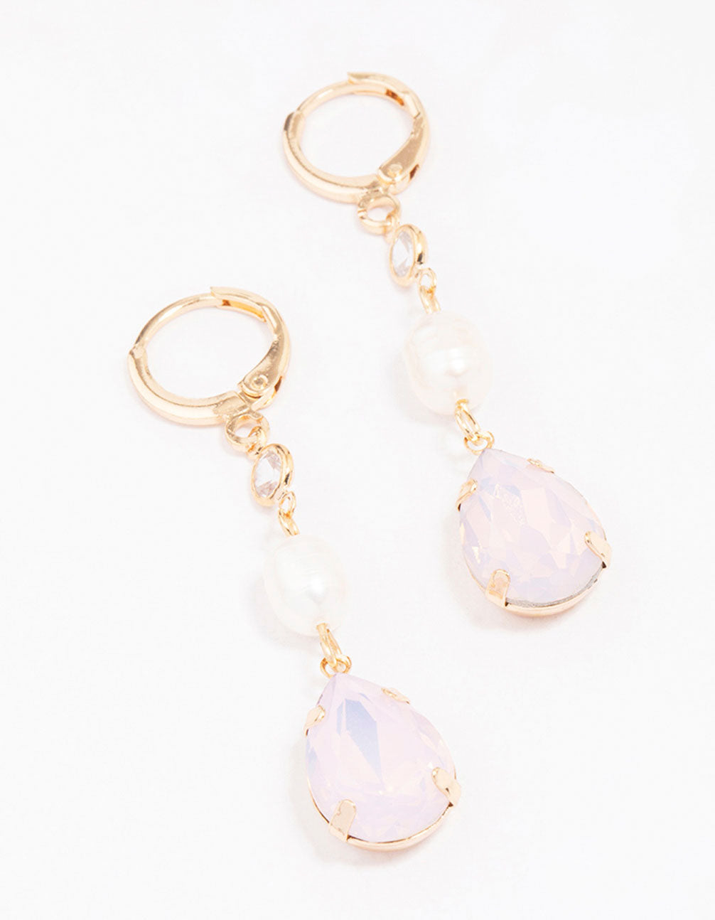 Image of Gold Pearl Double Huggie Drop Earrings