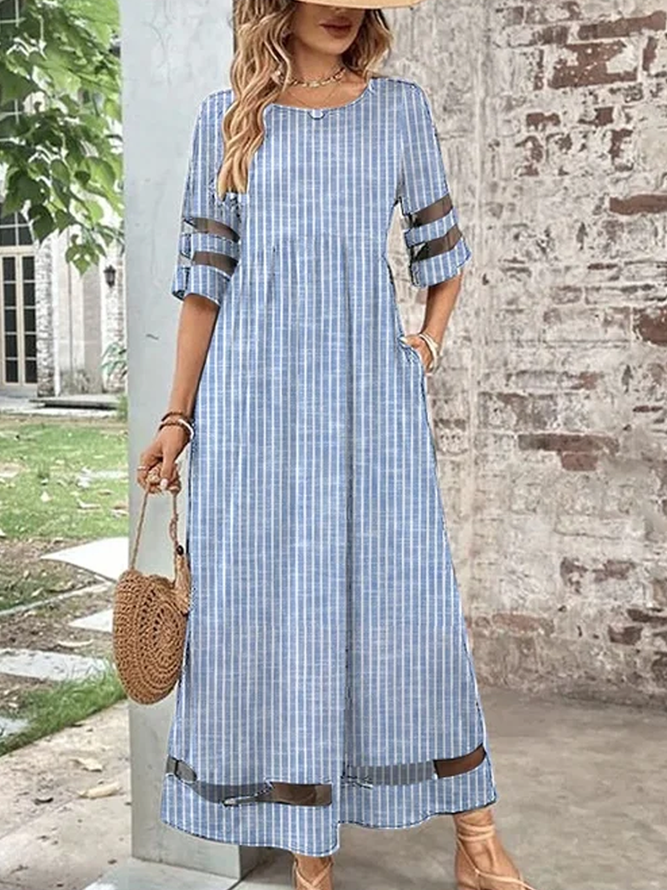 Women Striped Crew Neck Short Sleeve Comfy Casual Maxi Dress