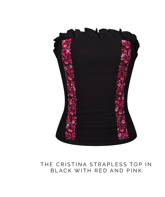 The Cristina strapless top in black with red & pink