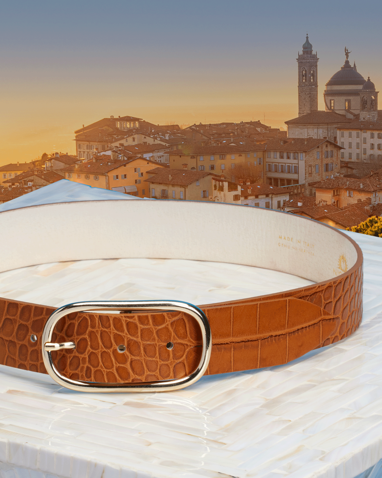 Image of Greer Croc-Embossed Leather Belt in Honey Tan