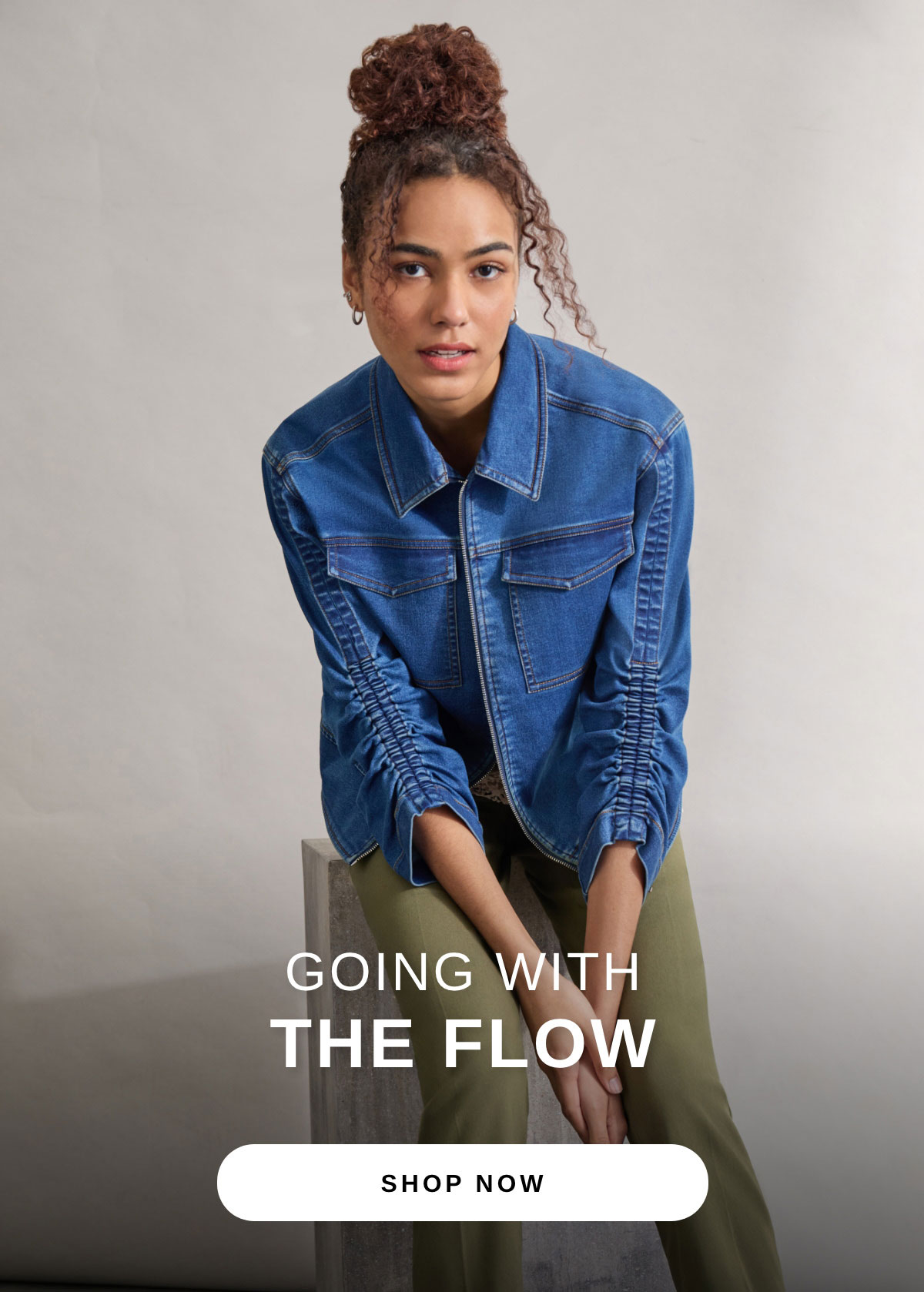 GOING WITH THE FLOW | SHOP NOW | Shirred Sleeve City Denim Jacket, Shore Wash