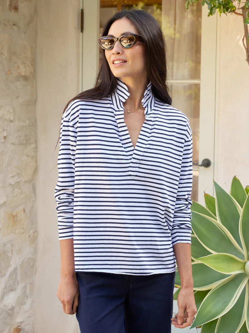 Image of Frank & Eileen Patrick Popover Henley in White/British Royal Navy Stripe Heritage Jersey