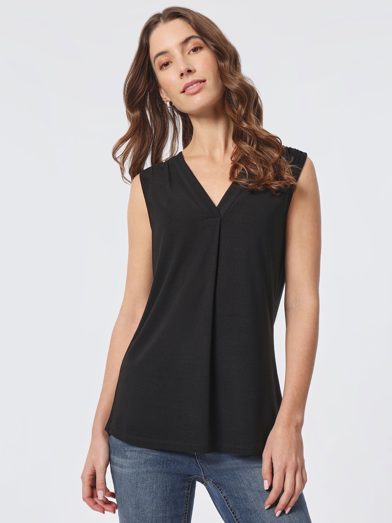 Image of Sleeveless V-Neck Pleat Front Blouse