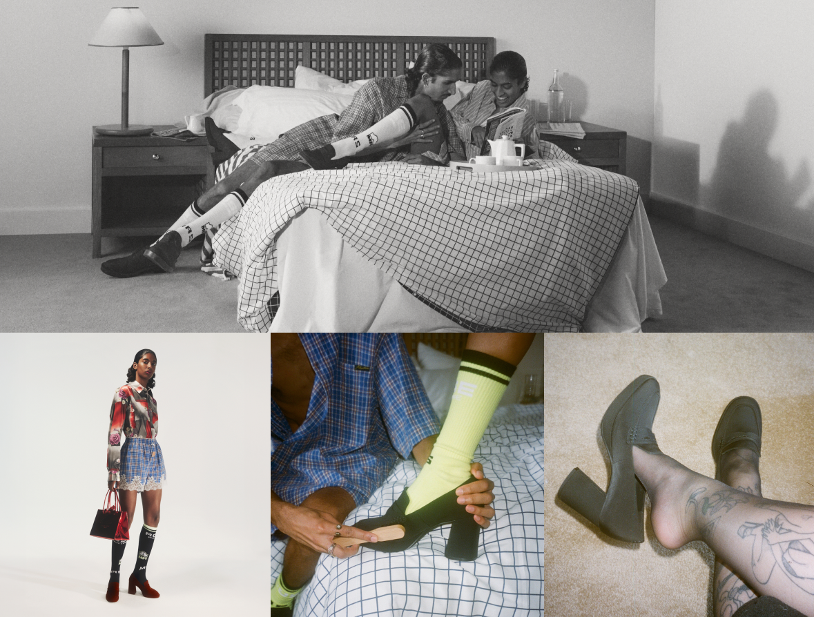 Top Image: Men and Woman sitting on bed wearing Martine Rose Collection. Bottom Left: Woman standing wearing Martine Rose Womens Loafer 2 holding a bag. Bottom Center: Closeup of someone shinining Martine Rose Womens Loafer 2. Bottom Right: closeup of someone wearing Martine Rose Womens Loafer 2.