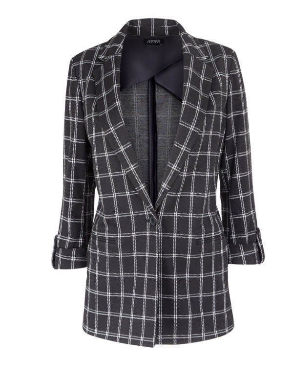 Ponte Plaid Wing Collar Rolled Tab Blazer