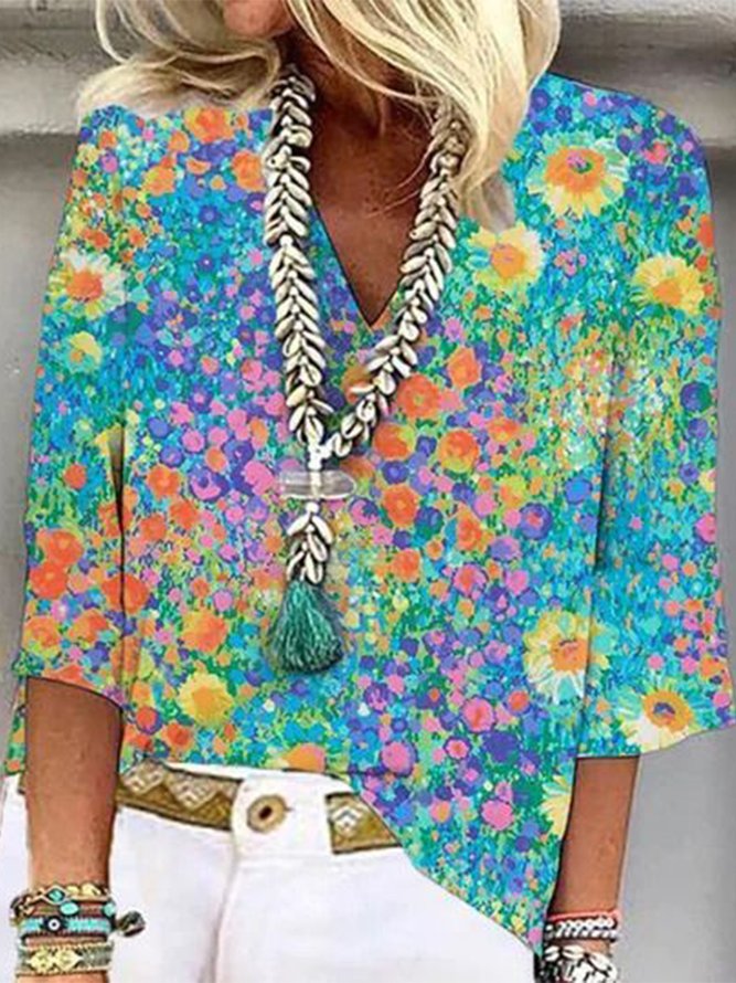 V Neck Vacation Floral Loose Shirt