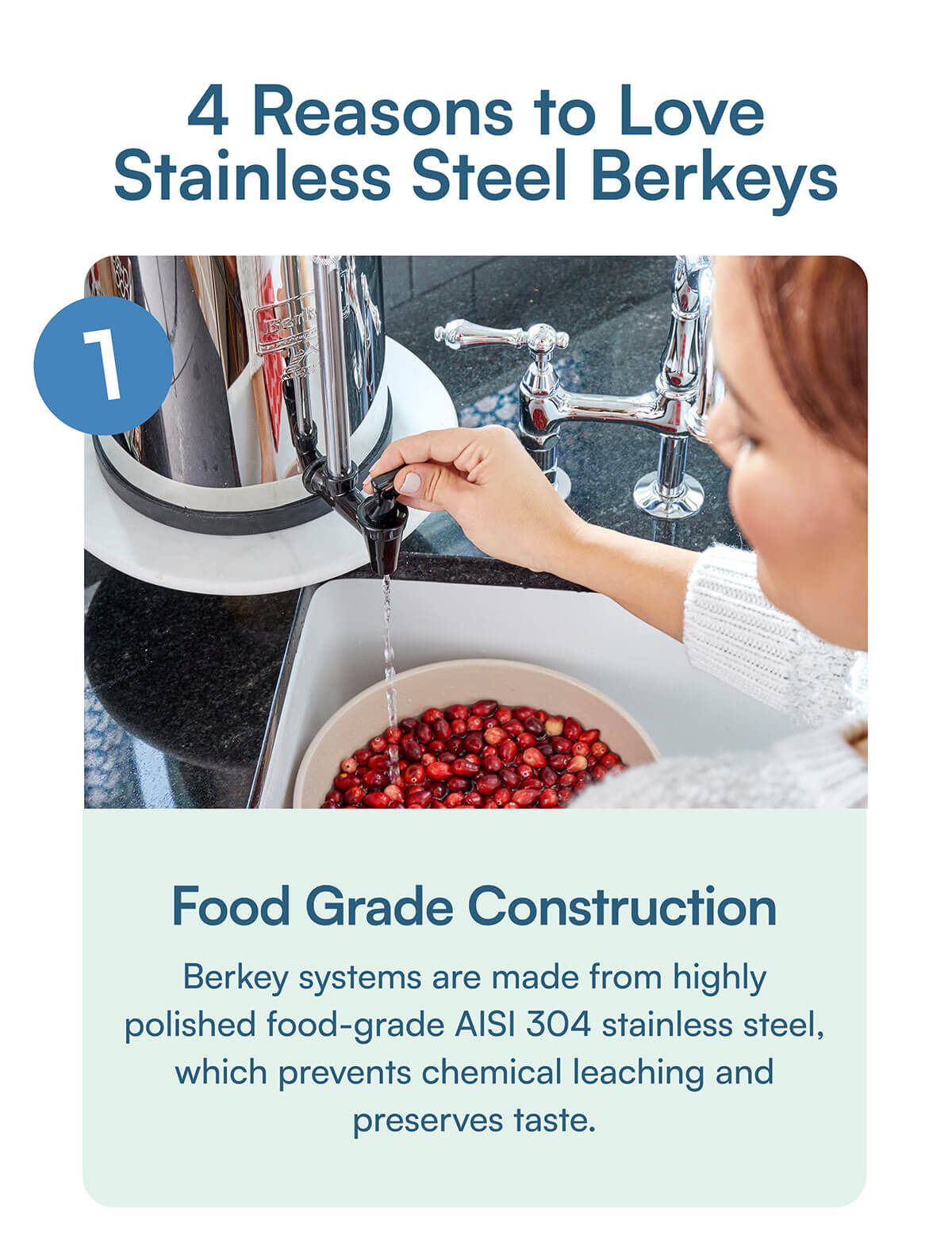 Food Grade Construction. Berkey systems are made from highly polished food-grade AISI 304 stainless steel, which prevents chemical leaching and preserves taste.