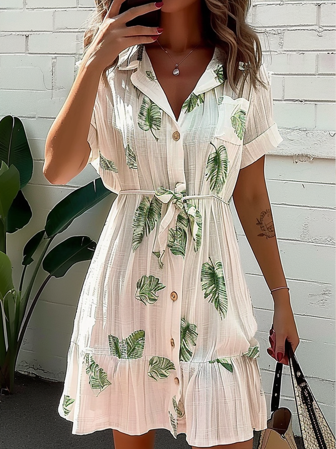 Women Leaf Shirt Collar Short Sleeve Comfy Casual Short Dress