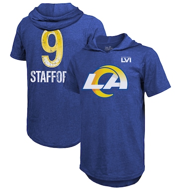  Majestic Threads Matthew Stafford Royal  Super Bowl LVI Name & Number Short Sleeve Hoodie T-Shirt