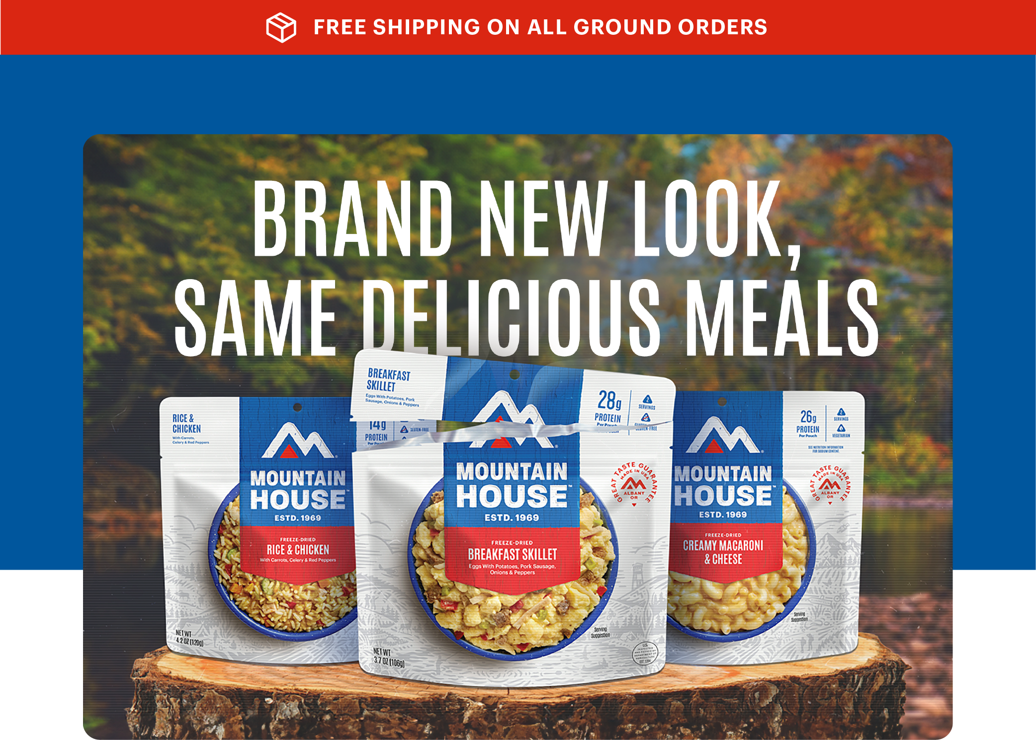 Mountain House meal pouches with new packaging design