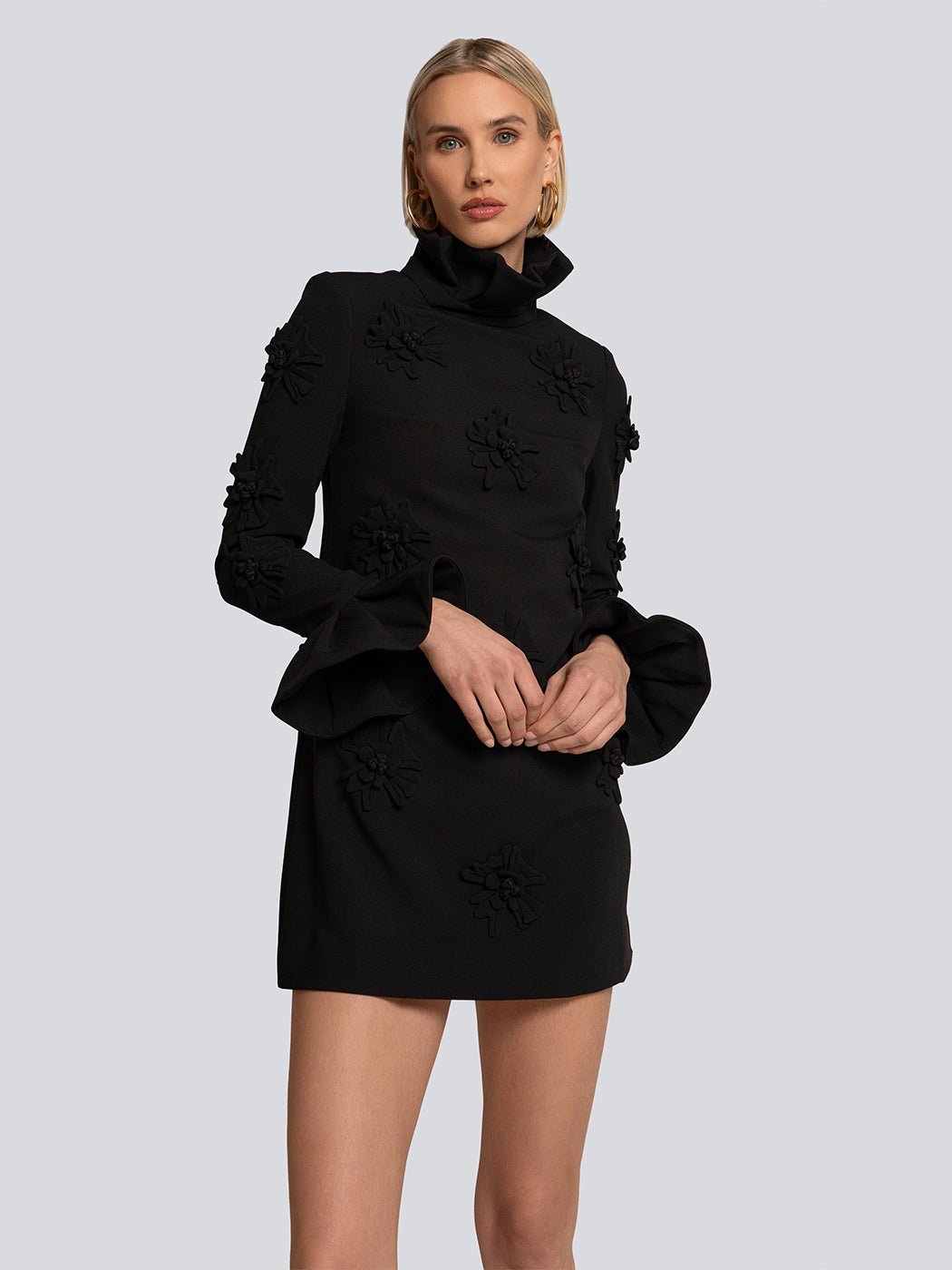 Farrah Floral Applique Turtleneck Long Sleeve Mini Dress