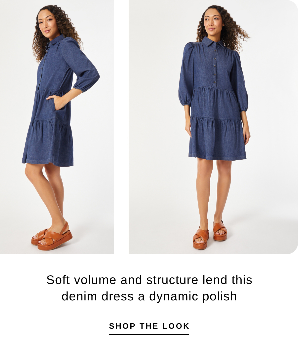 Soft volume and structure lend this denim dress a dynamic polish | SHOP THE LOOK