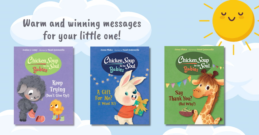 Warm and winning messages for your little one: book covers for `Keep Trying (Don't Give Up!)' with a grey lamb and yellow bird both putting on shoes, 'A Gift for Me? (I Want It!)' with a rabbit holding a gift box, 'Say Thank You? (But Why?)' with a giraffe holding a bowl