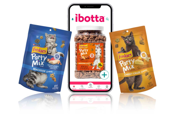 Smart phone in center showing iBotta logo and cannister of Party Mix treats, with Party Mix bags on each side of the phone.