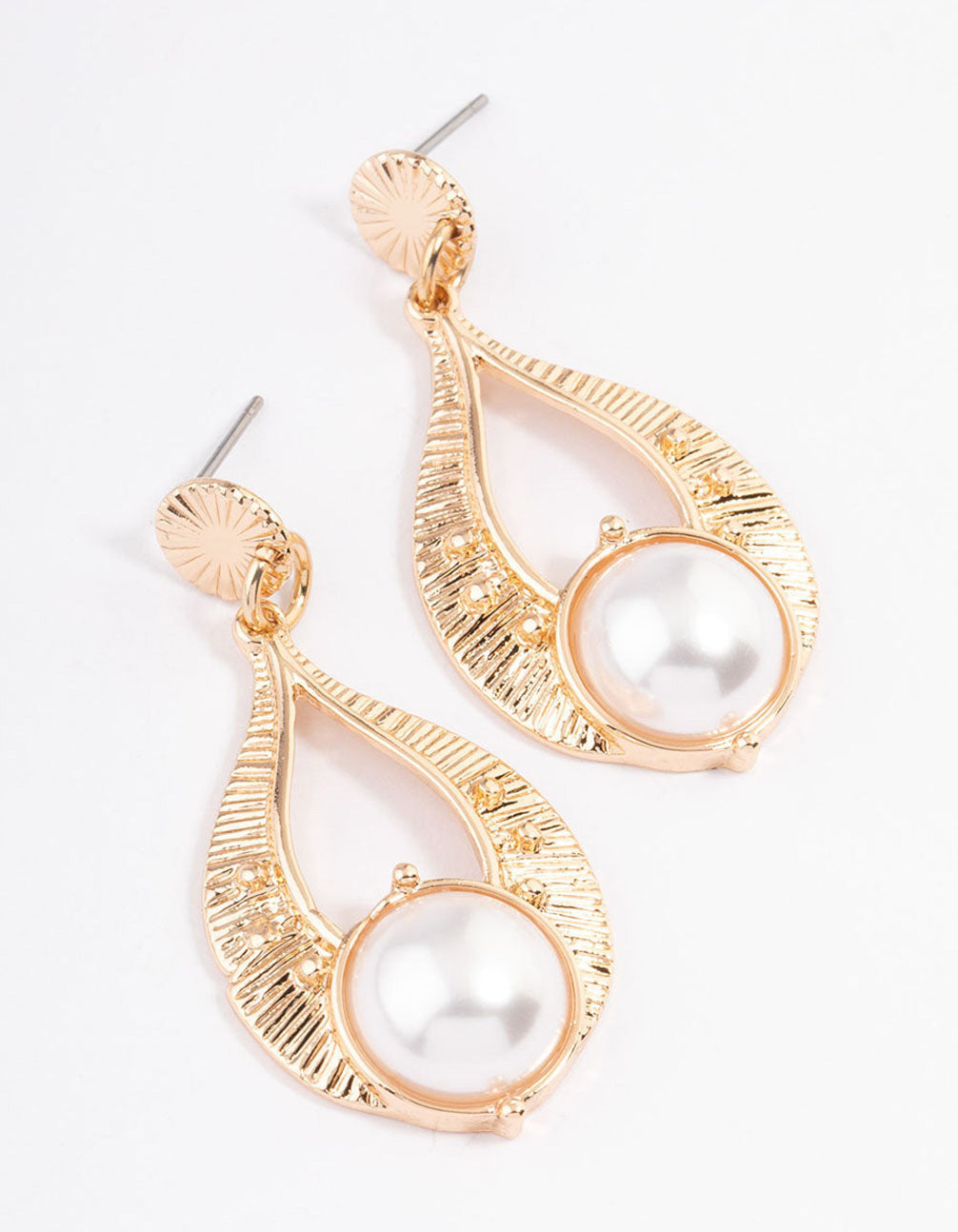 Image of Gold Ray Ornate Pearl Drop Earrings