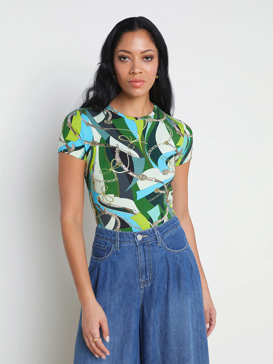 Image of L'Agence Ressi Fitted Tee in Small Sea Green Belt Swirl