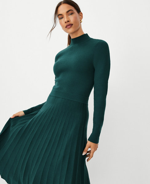 Mock Neck Pleated Sweater Dress