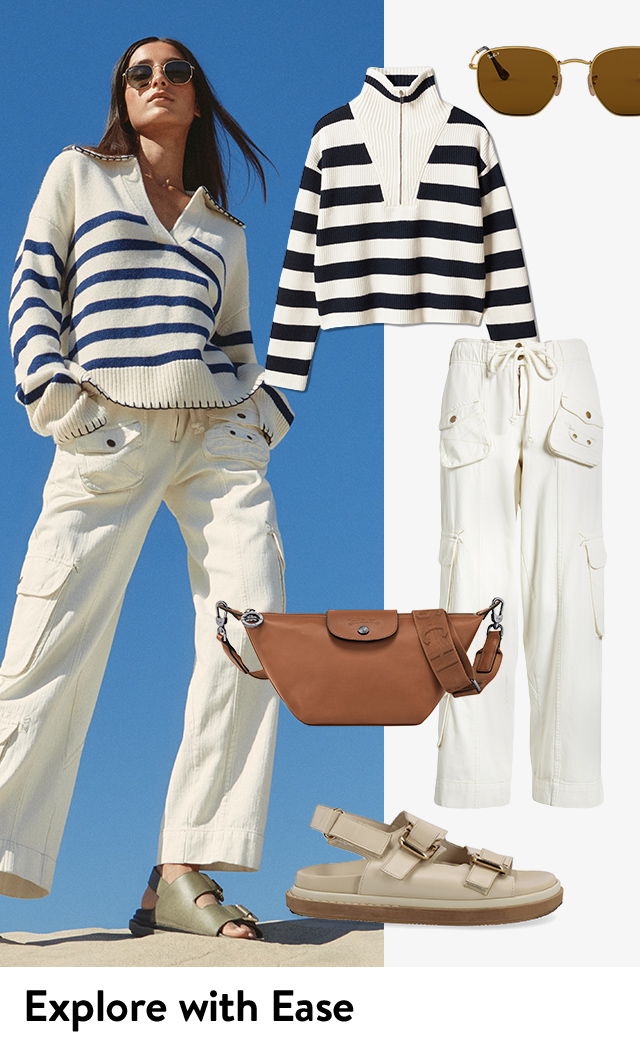 A woman wearing a striped quarter-zip sweater with white cargo pants and sandals. A collage of items to recreate the look. 