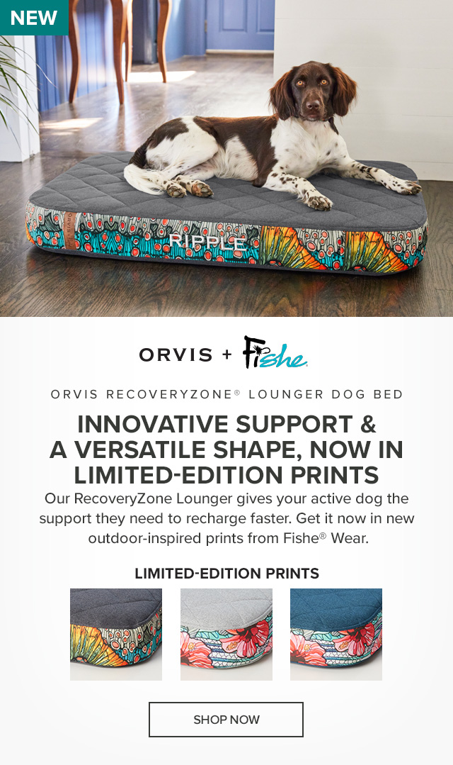 Orvis RecoveryZone® Lounger Dog Bed Innovative Support & a Versatile Shape, Now in Limited-Edition Prints Our RecoveryZone Lounger gives your active dog the support they need to recharge faster. Get it now in new outdoor-inspired prints from Fishe®. callout: New