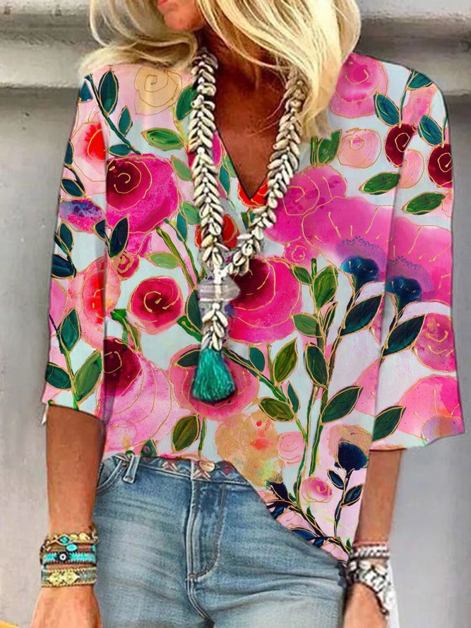 V Neck Half Sleeve Floral Regular Loose Blouse For Women