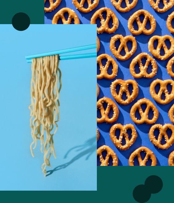 Foreground: pasta. Background: pretzels.