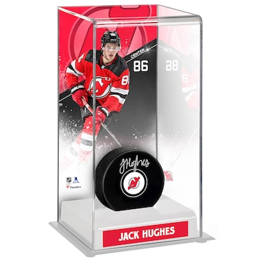 Jack Hughes  Autographed Puck with Deluxe Tall Hockey Puck Case