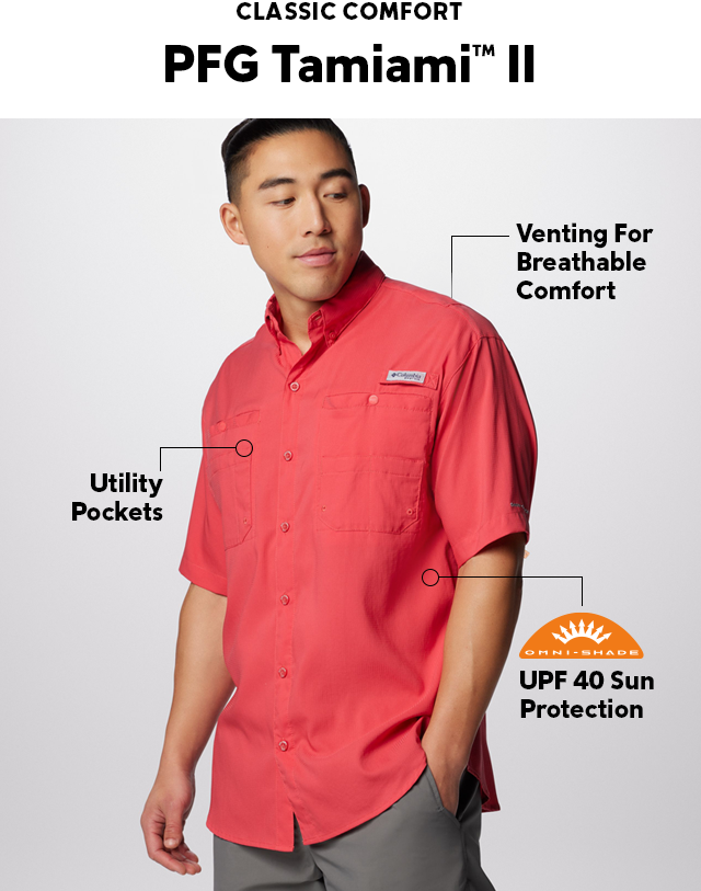 Classic Comfort. Callouts include UPF 40 sun protection, rod holder, utility pockets. 