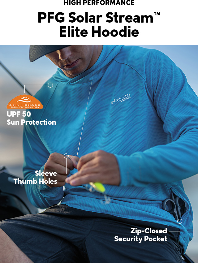 High Performance. Callouts include UPF 50 sun protection, sleeve thumb holes, zip security pockets. Classic Comfort. Callouts include UPF 40 sun protection, rod holder, utility pockets. 