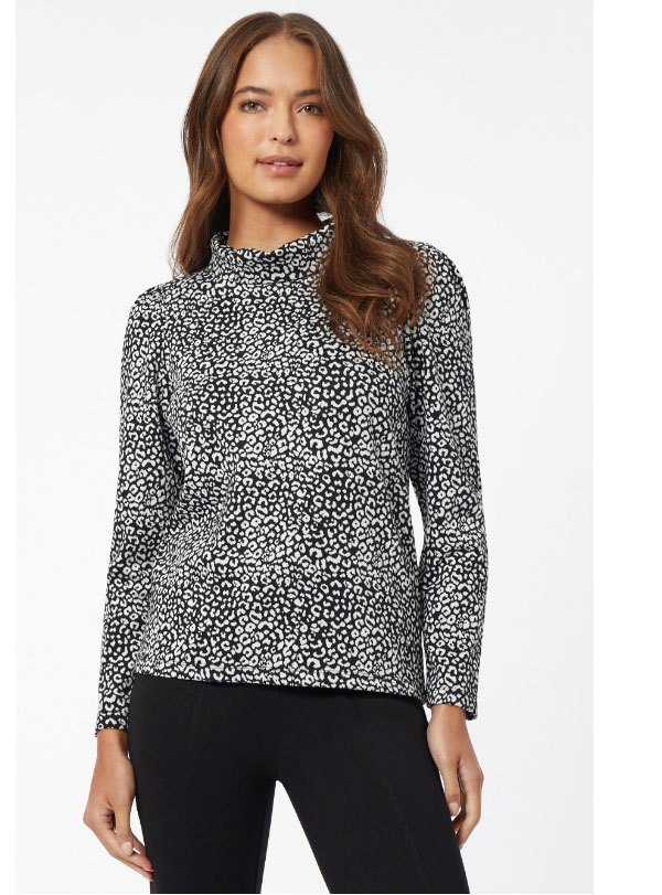 Leopard Print Puff-Sleeve Turtleneck Top