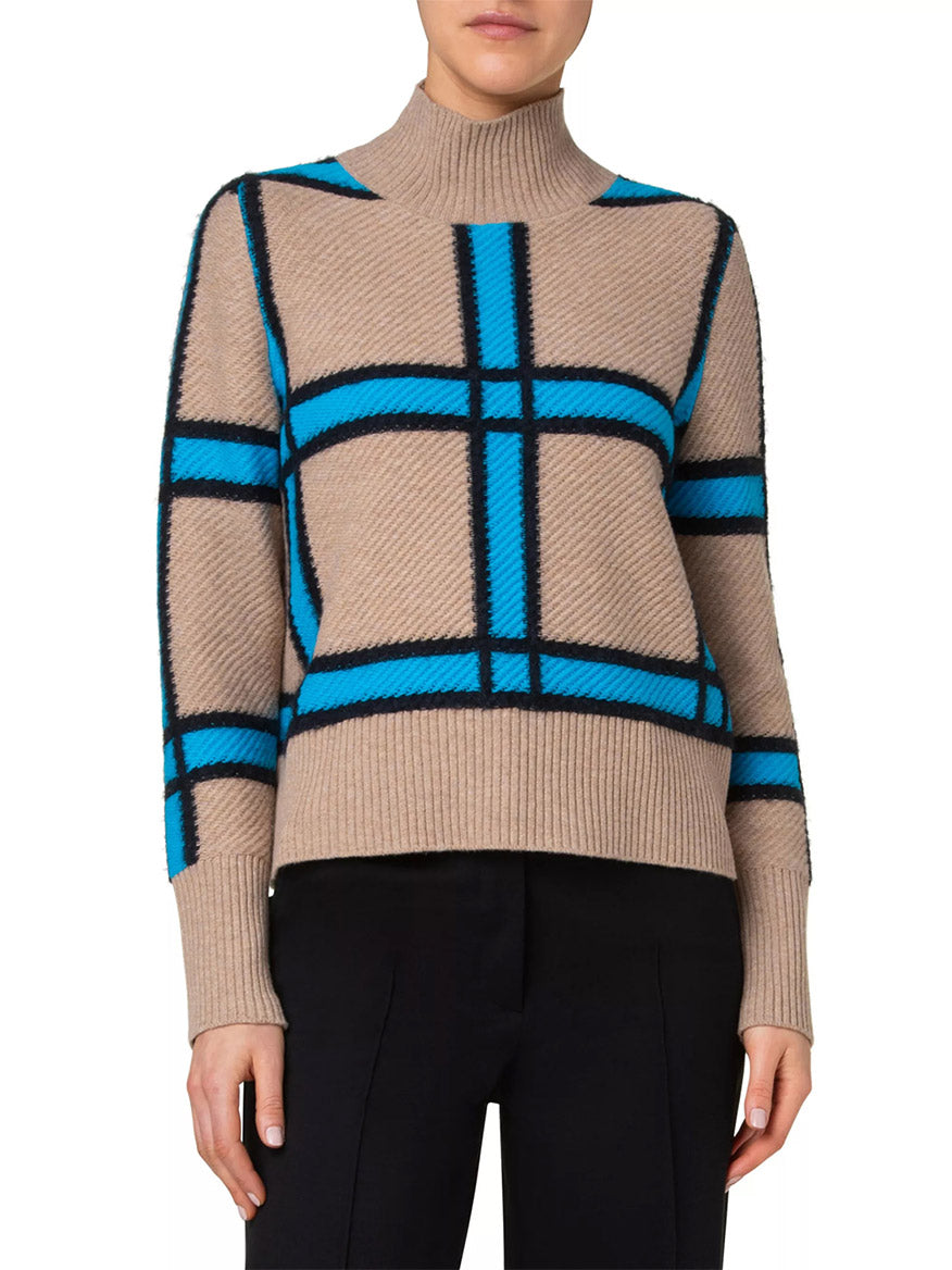 Image of Akris Punto XL Windowcheck Stand Collar Sweater in Caramel Multi