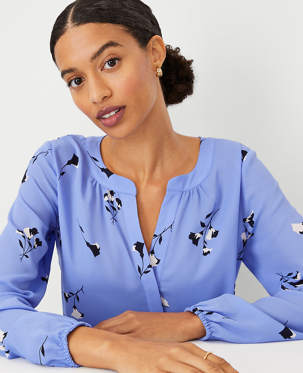 Floral Shirred Split Neck Popover