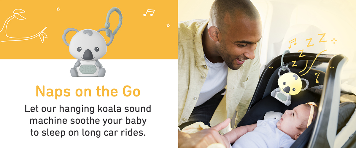 Naps on the Go. Let our hanging koala sound machine soothe your baby  to sleep on long car rides.